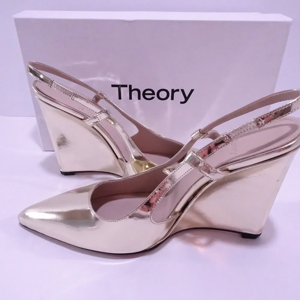 Theory Women's Slingback Wedge Pump in Metallic Leather $395 Sz 38 GOLD